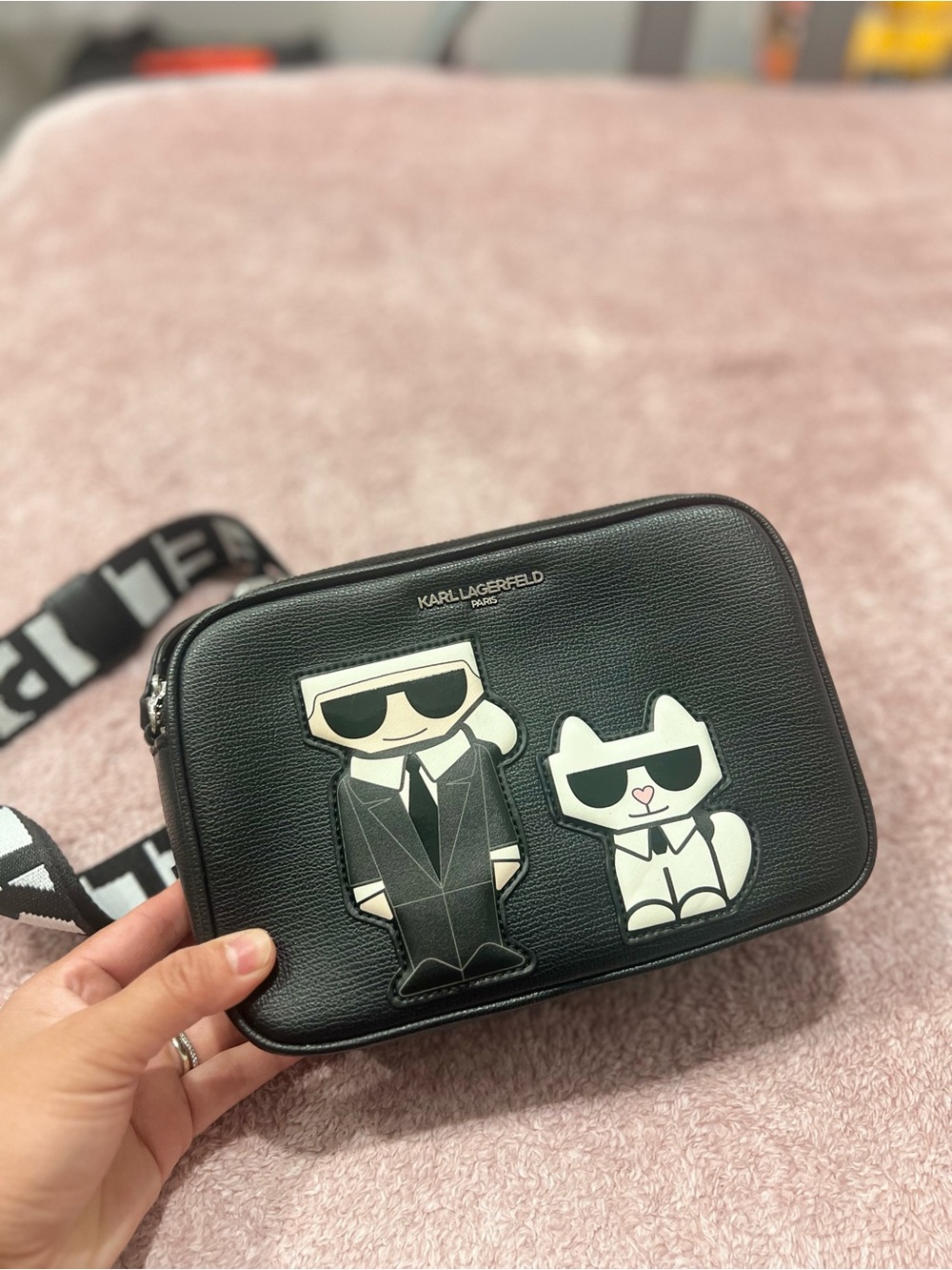Karl Lagerfeld Black Leather Crossbody Bag with Cartoon Karl & Choupette Patches